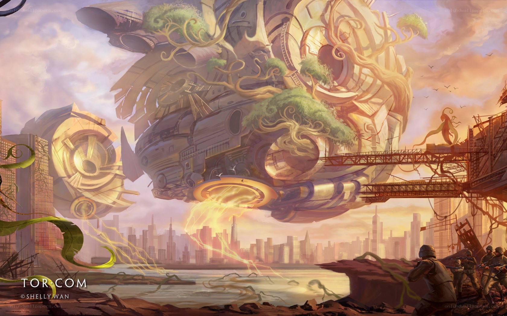 Futuristic city with flying vessel