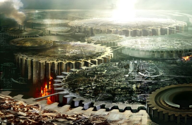 futuristic city with gears