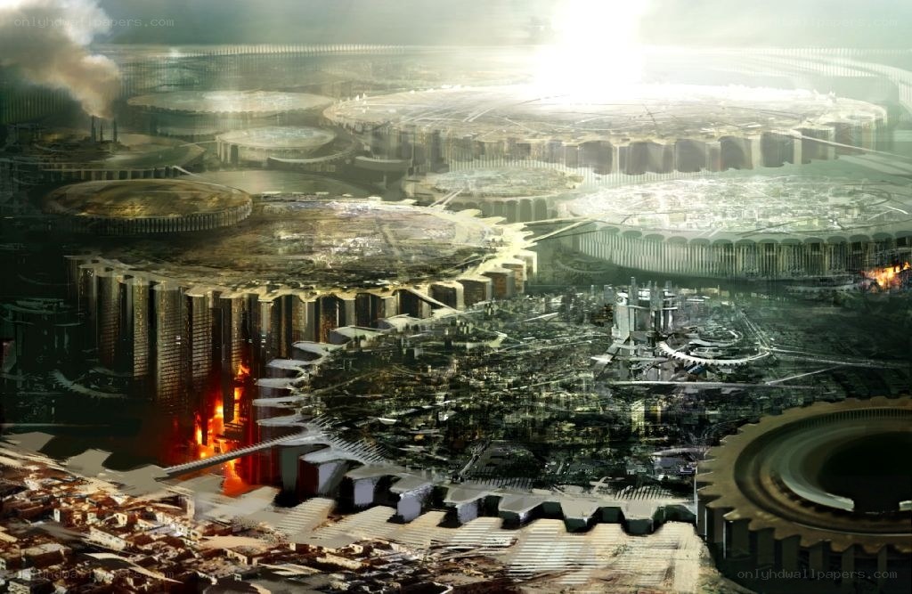 futuristic city with gears