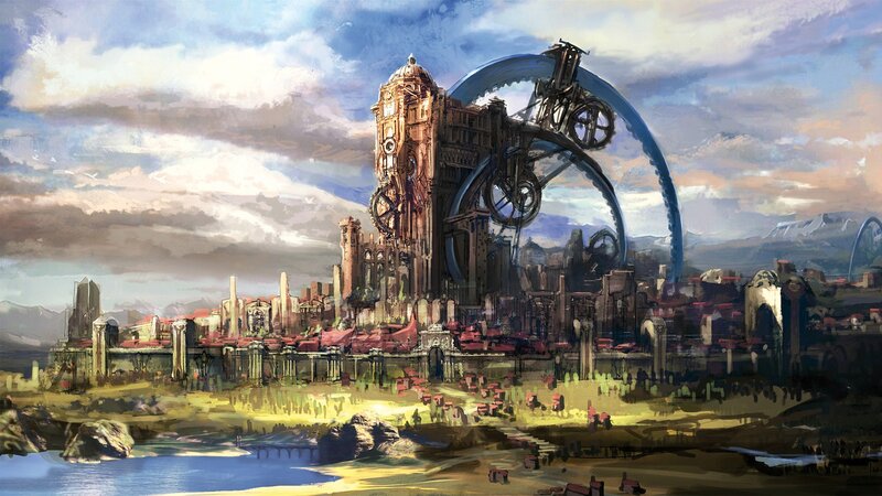 futuristic city with giant clock