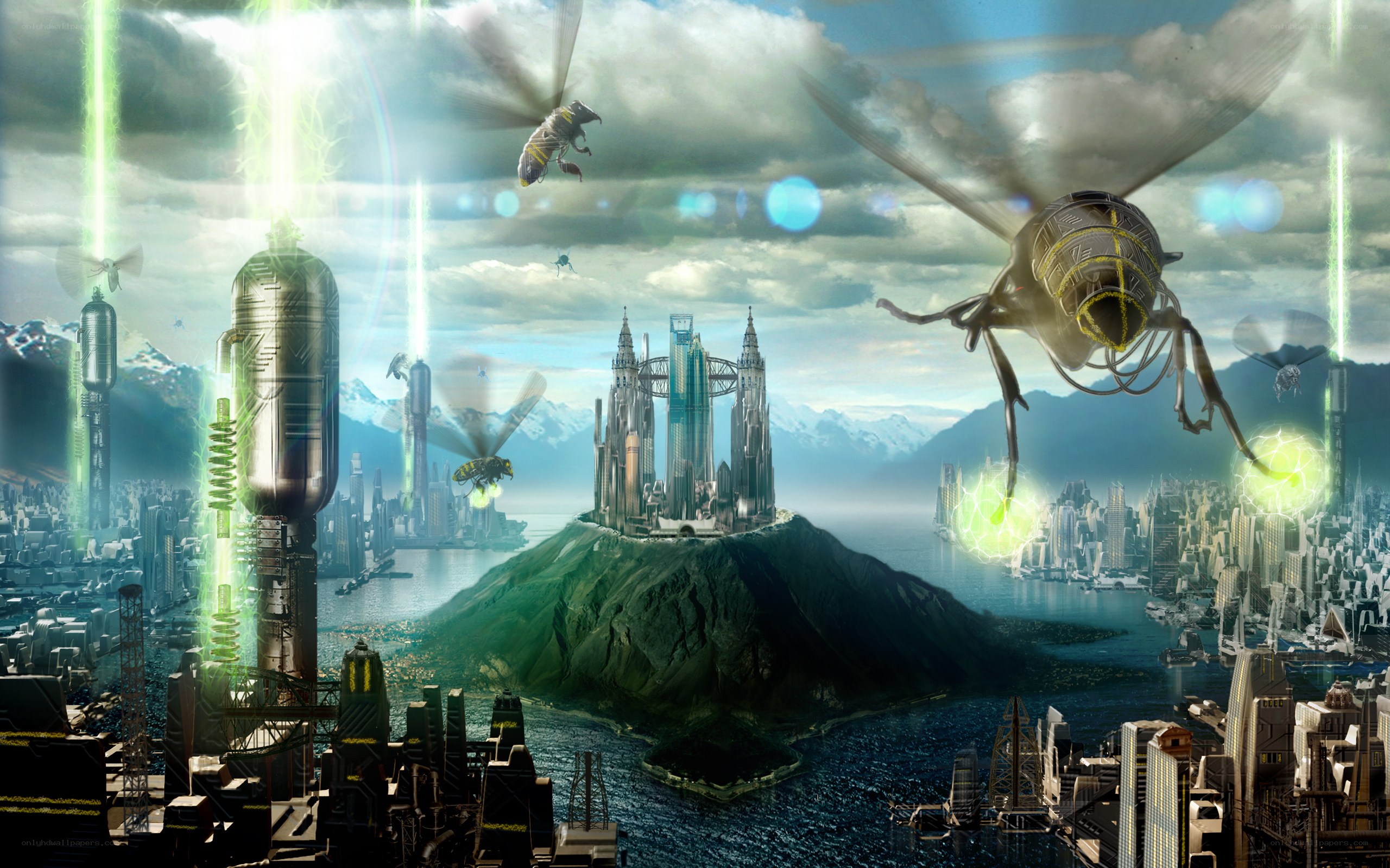 futuristic city with giant insects