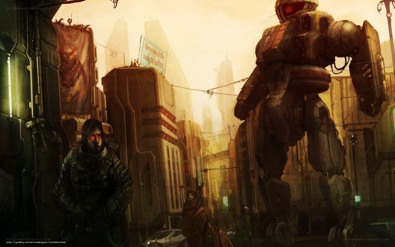 Futuristic city with giant robot