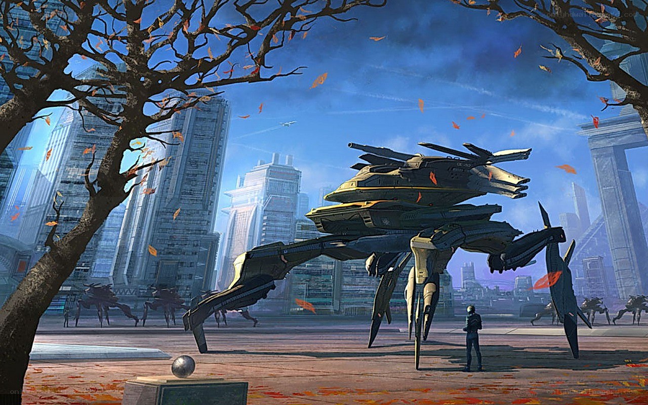 Futuristic city with giant robots