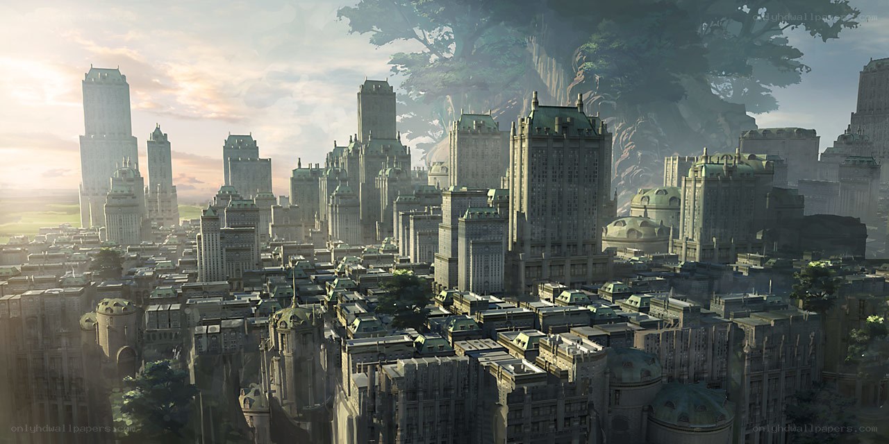 futuristic city with giant tree
