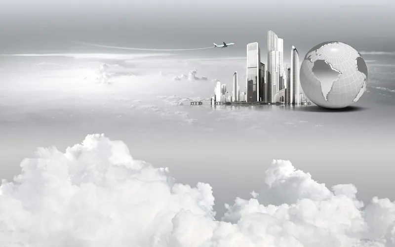 futuristic city with globe and airplane