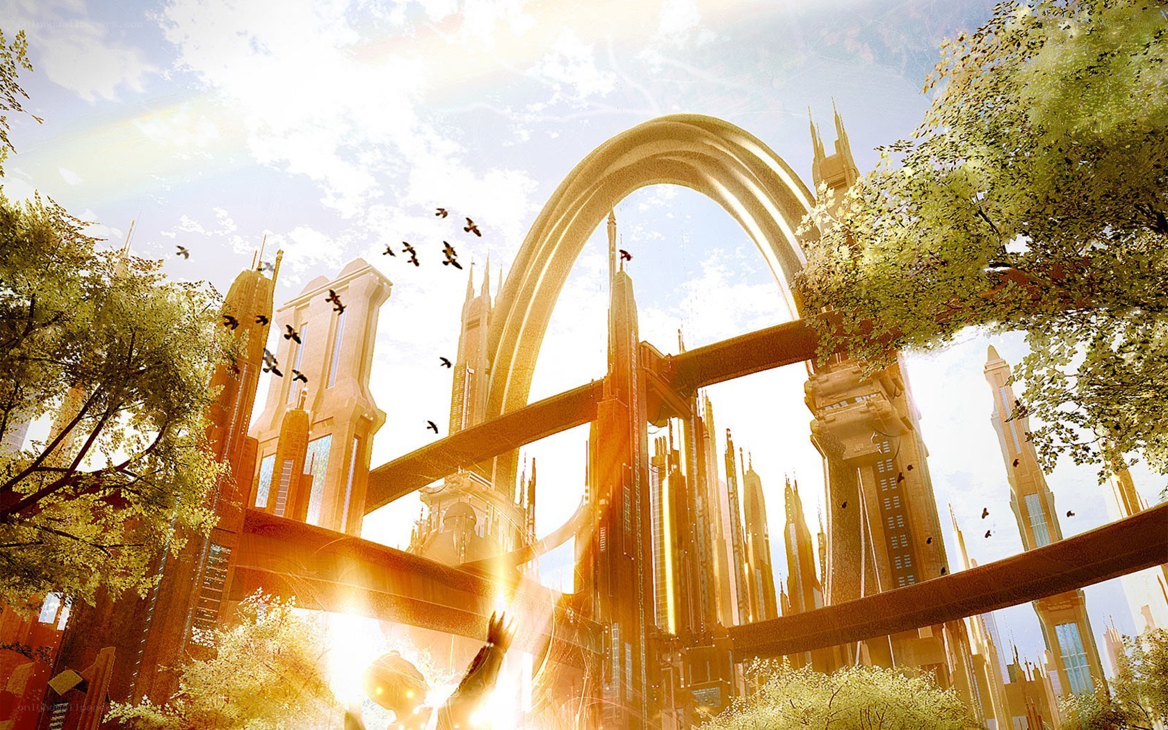 futuristic city with golden arch