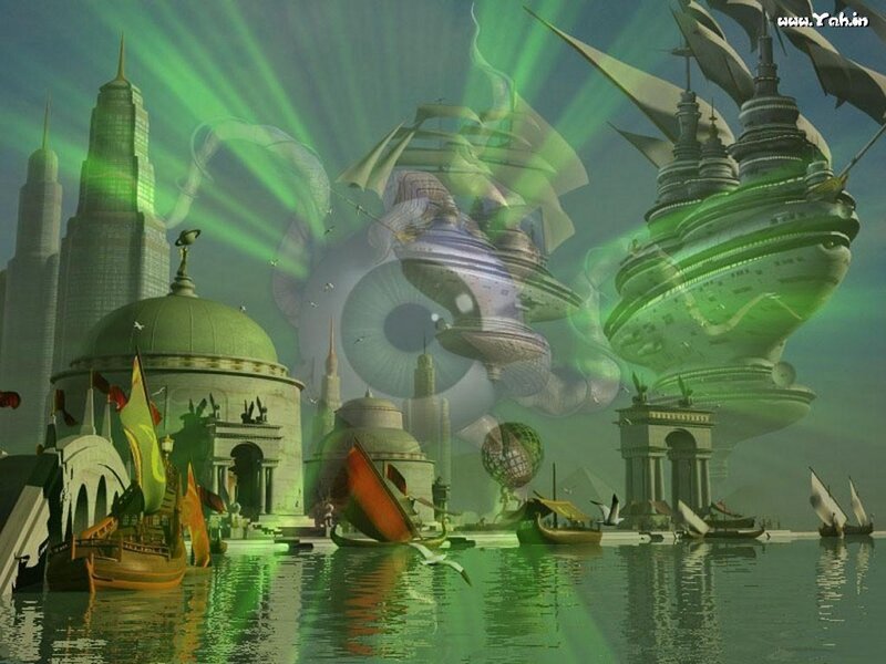 futuristic city with green aurora