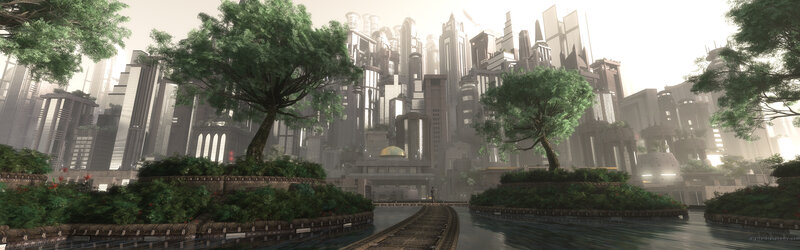 futuristic city with green islands