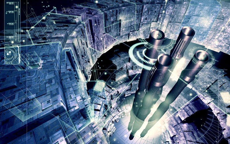 futuristic city with holographic interface