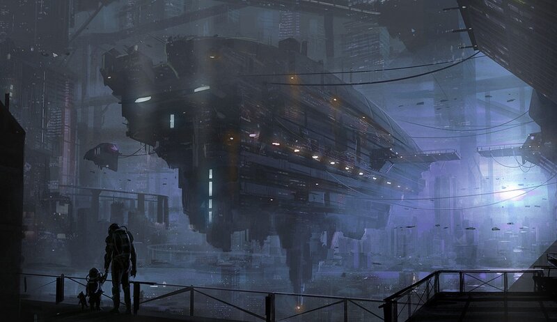 futuristic city with massive ship