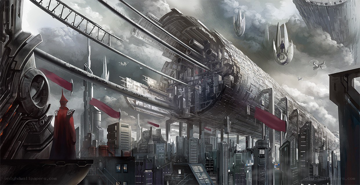 Futuristic city with massive spacecraft