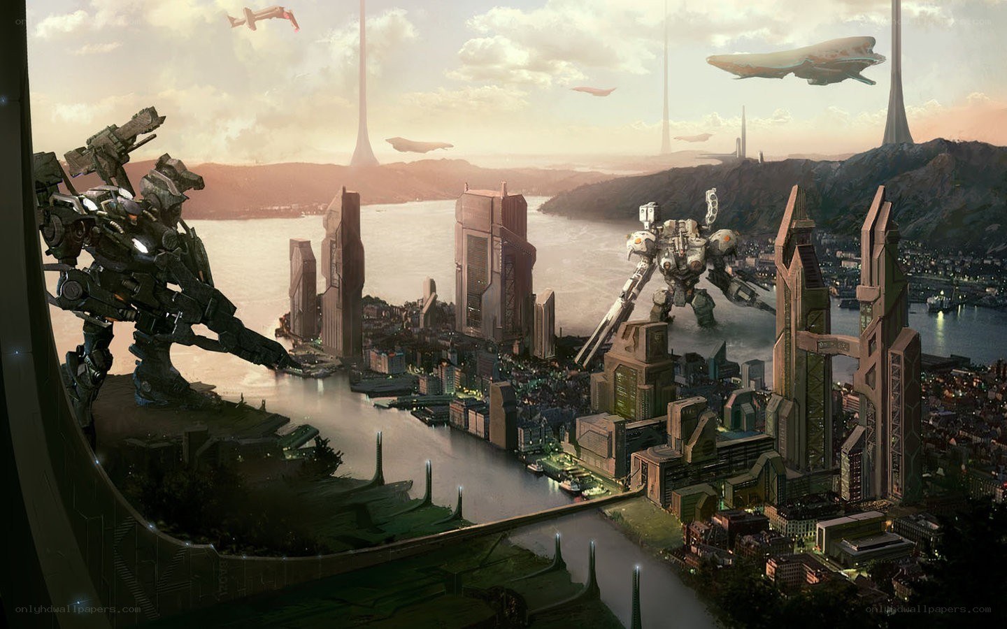 Futuristic city with mechs