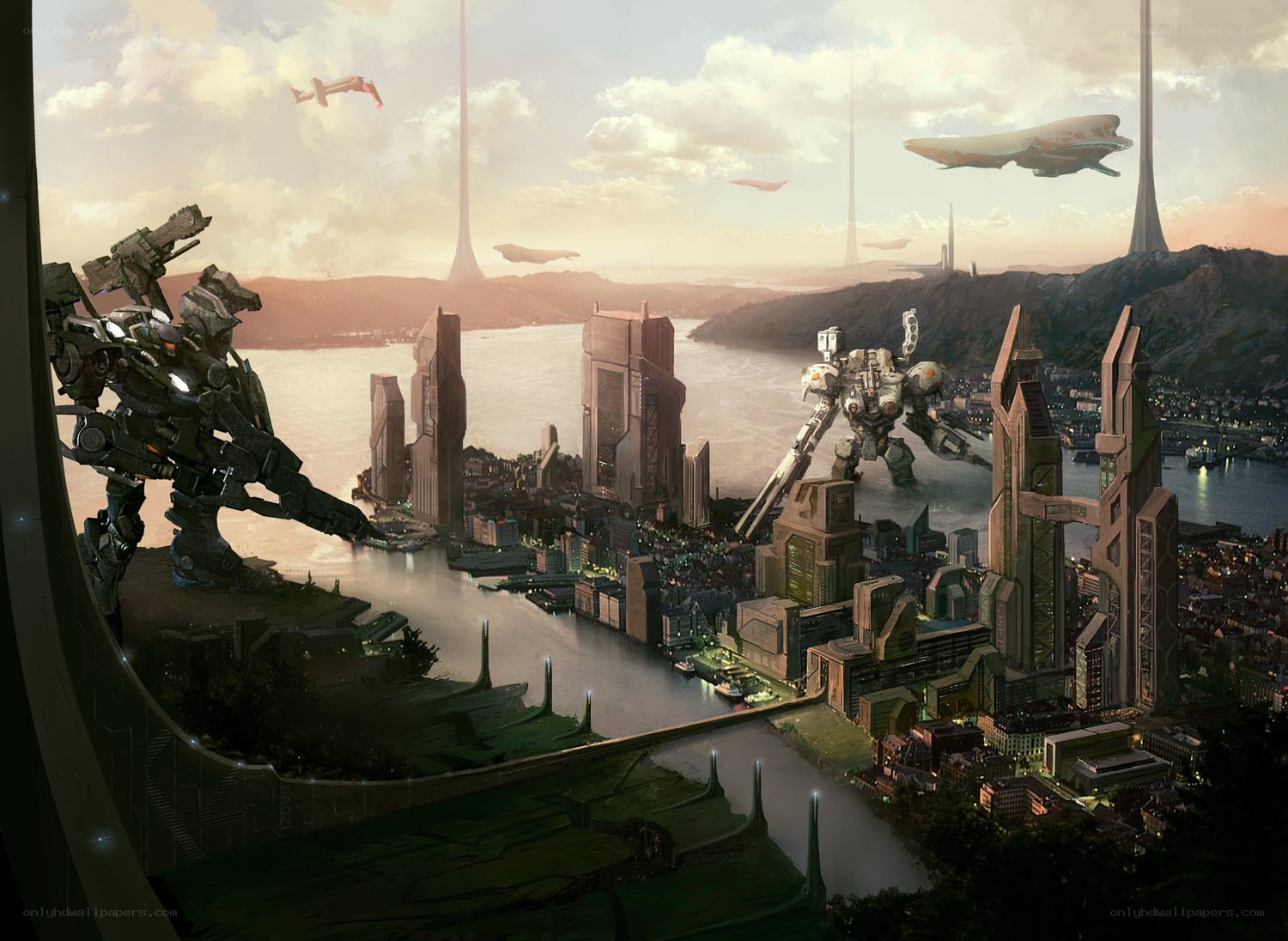 Futuristic city with mechs