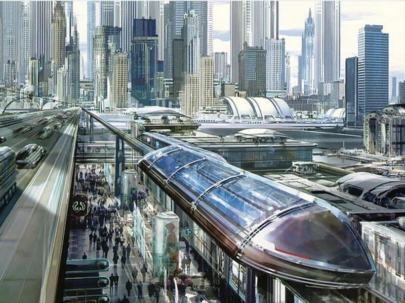 futuristic city with monorail