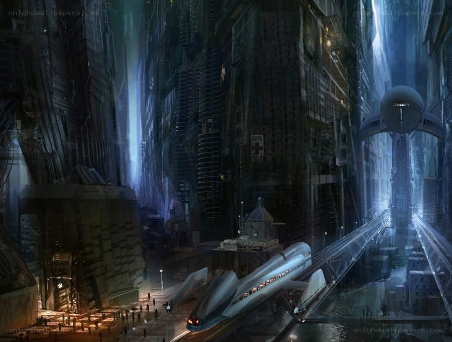 futuristic city with monorail