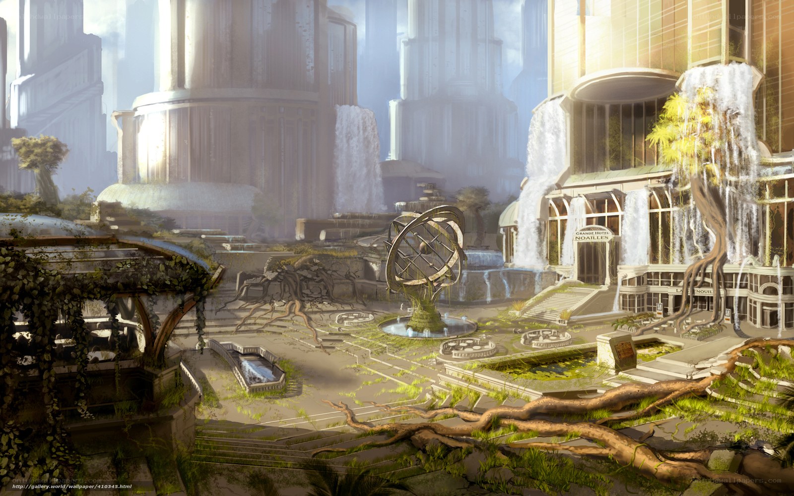 Futuristic city with overgrown ruins