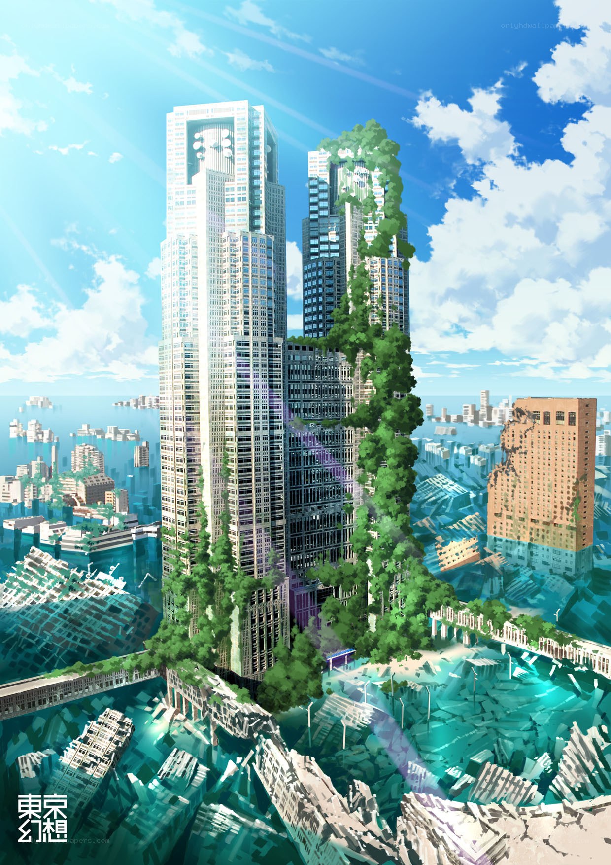 Futuristic city with overgrown skyscrapers