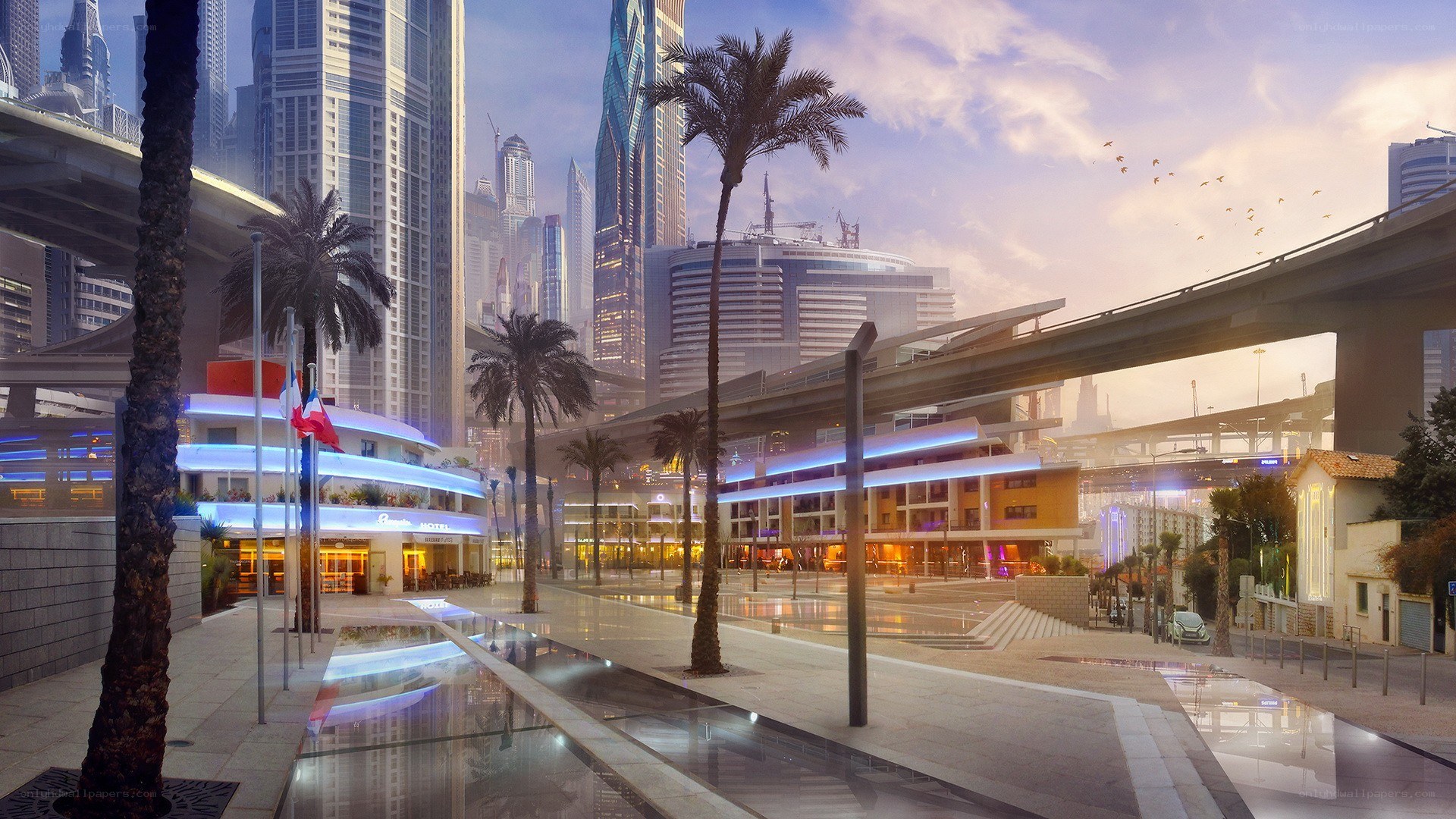 futuristic city with palm trees