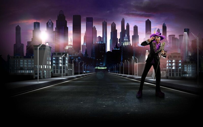 futuristic city with performer