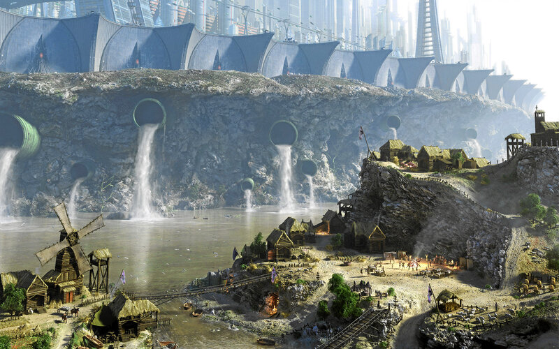 Futuristic city with polluted river