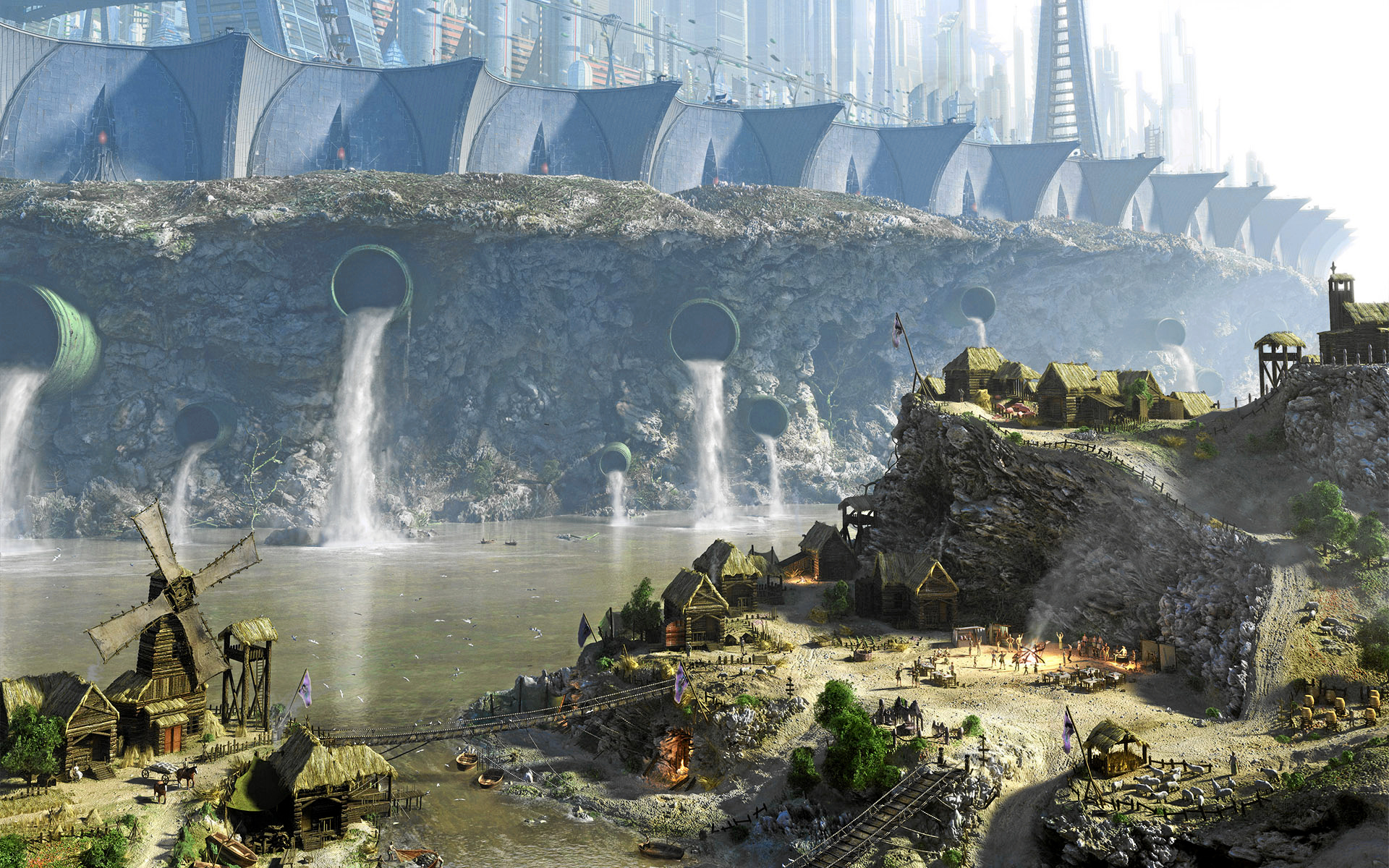 Futuristic city with polluted river