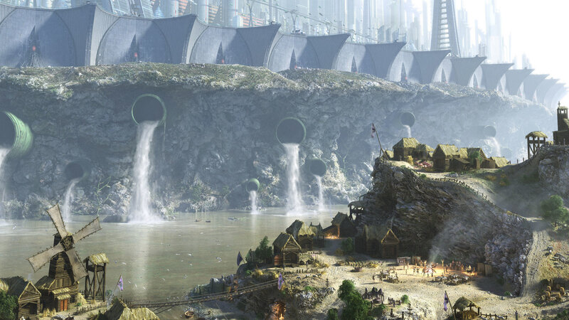 Futuristic city with polluted river