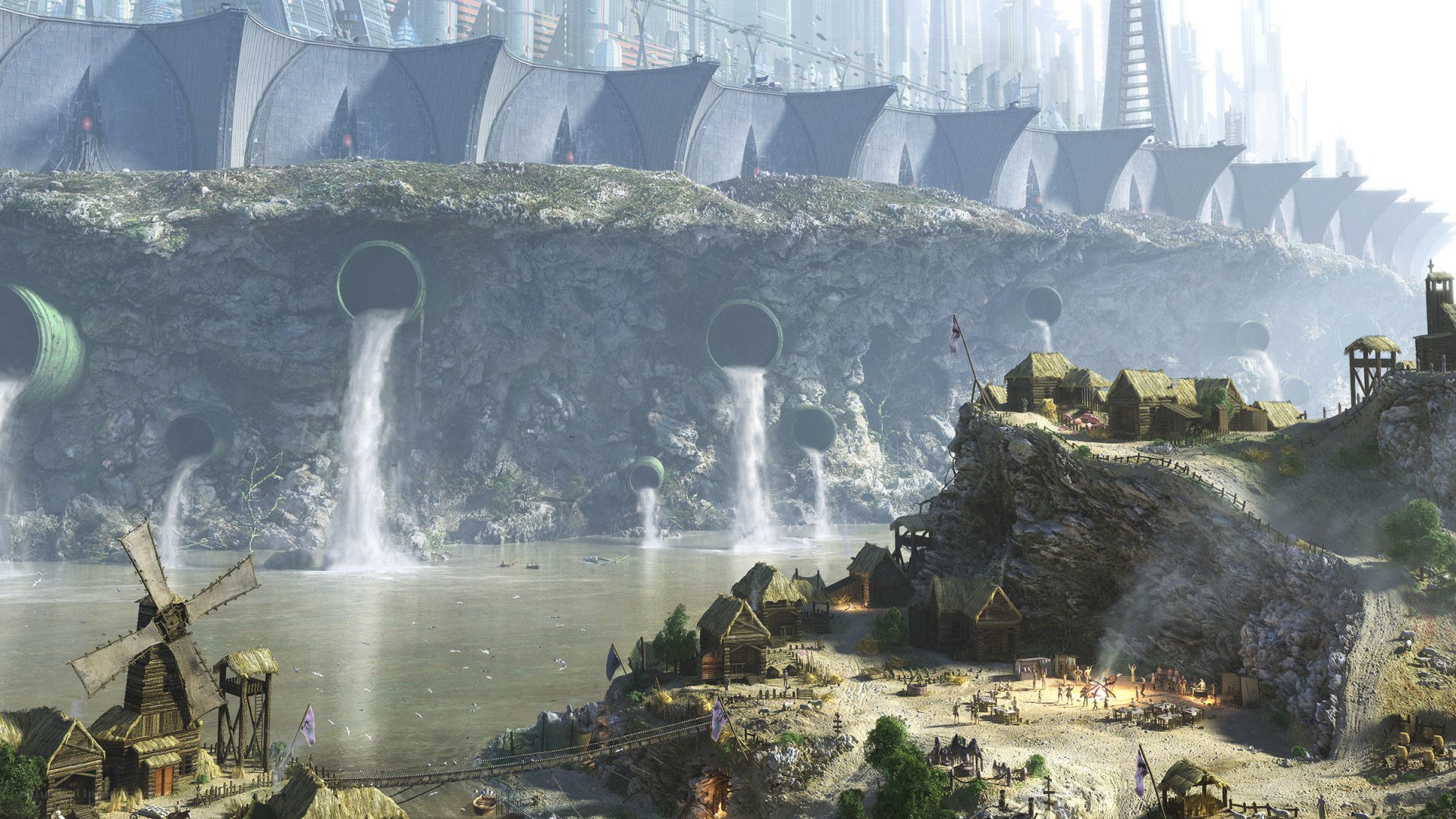 Futuristic city with polluted river