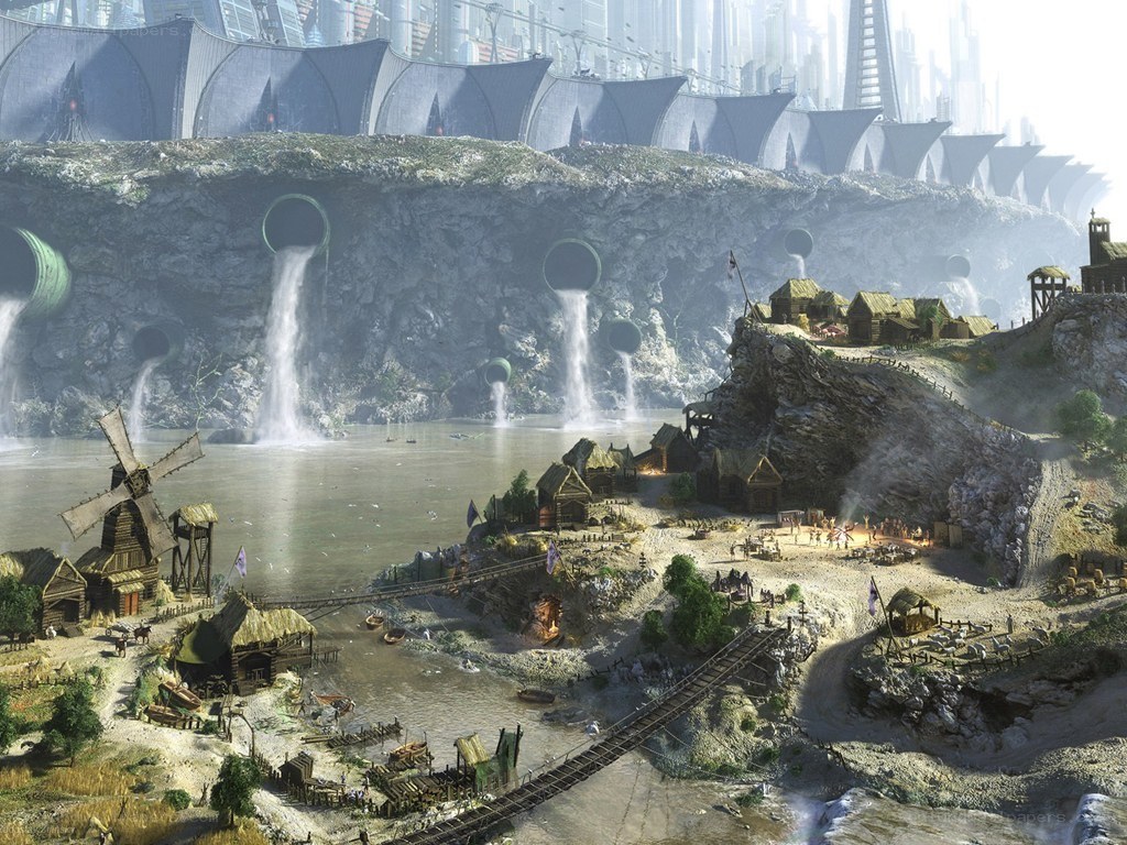 Futuristic city with polluted river