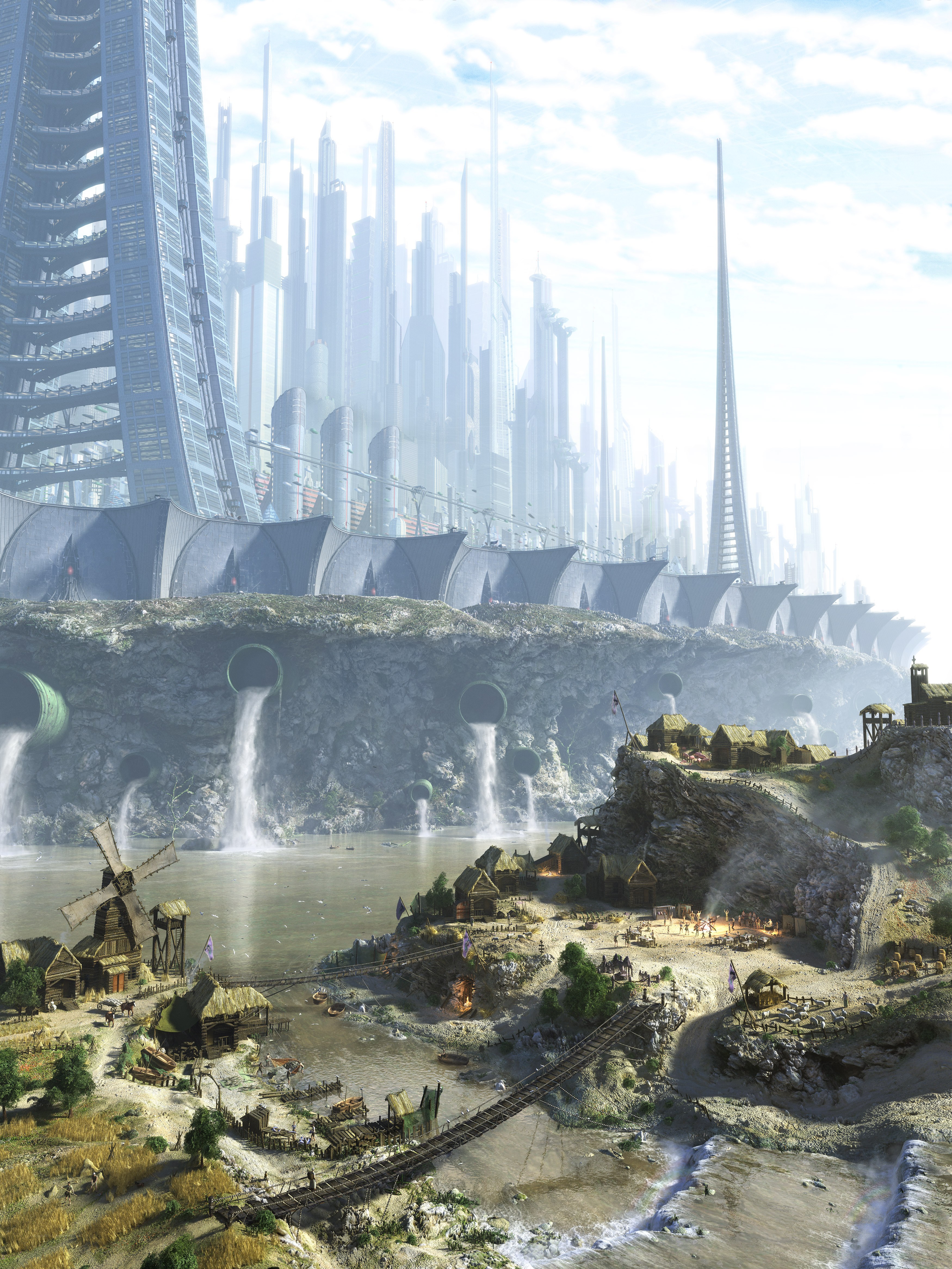 Futuristic city with primitive village