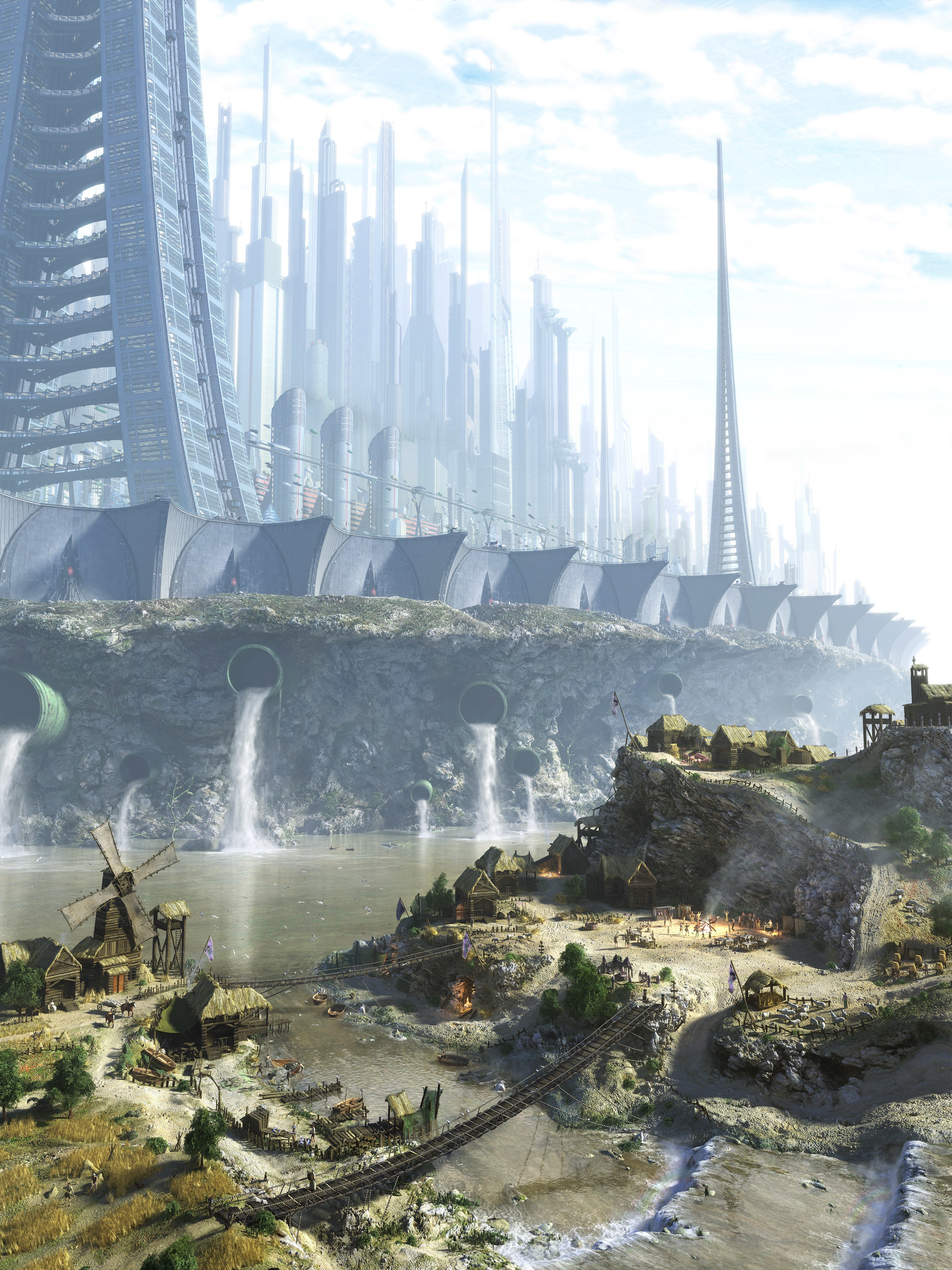 Futuristic city with primitive village