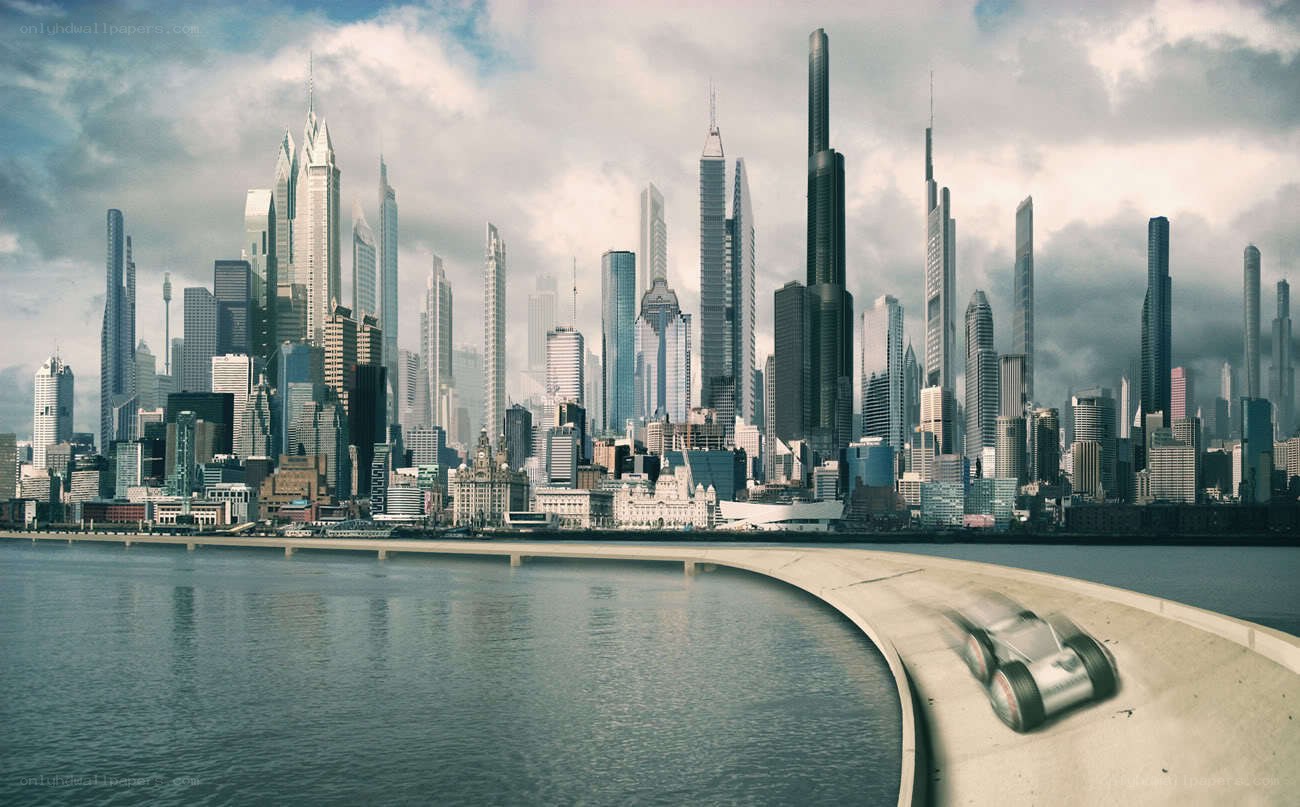 futuristic city with racing car
