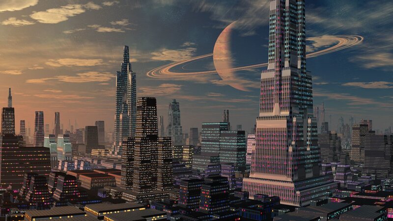 futuristic city with ringed planet