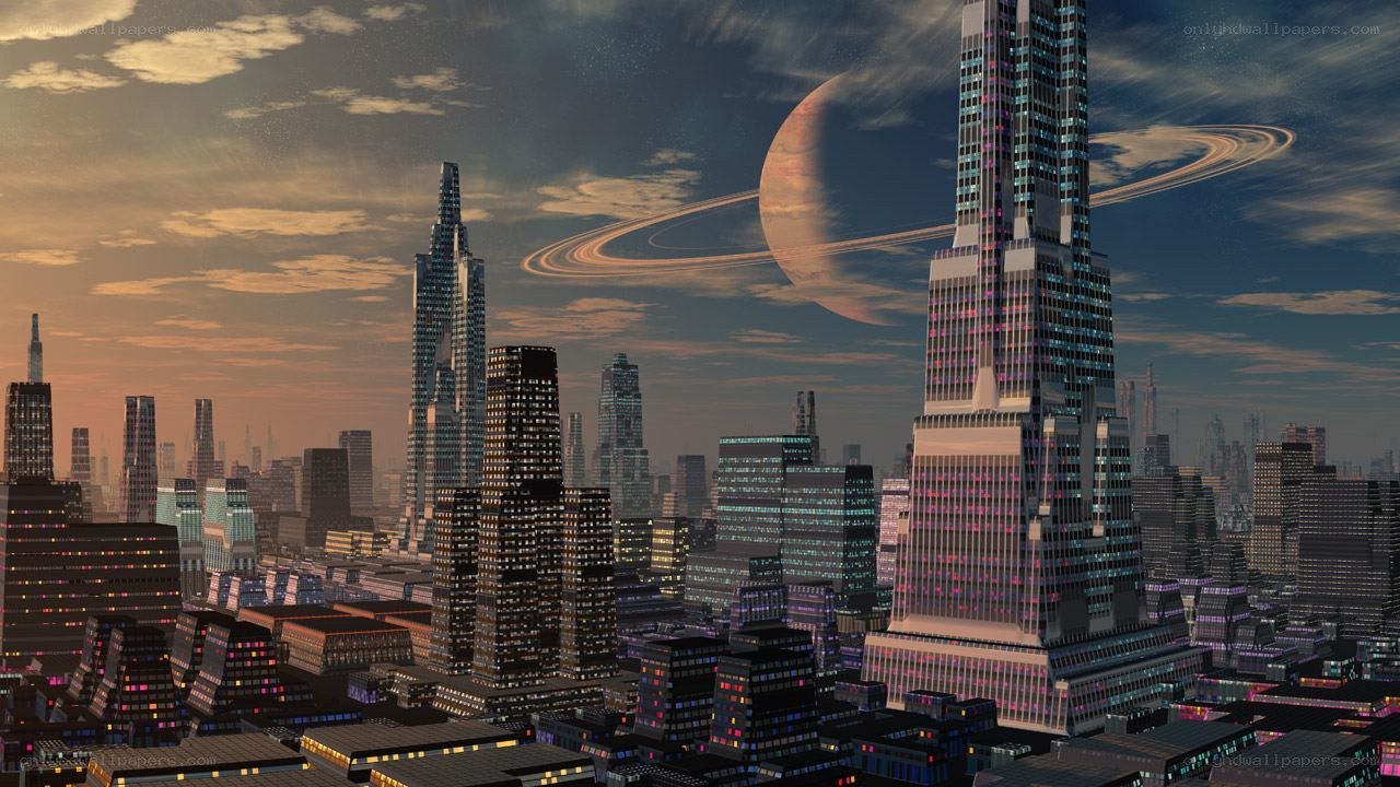 futuristic city with ringed planet