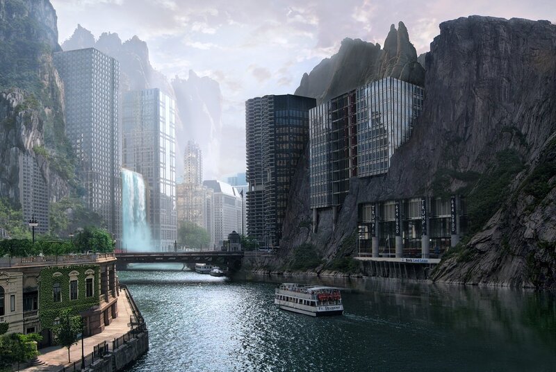 Futuristic City with River — Gray
