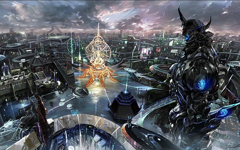 futuristic city with robot guardian