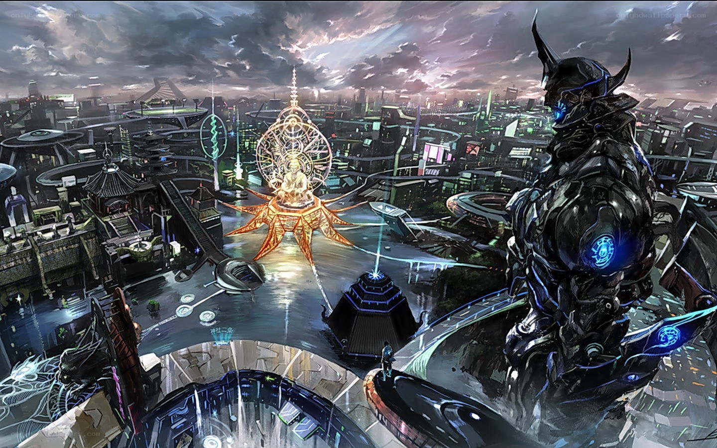 futuristic city with robot guardian