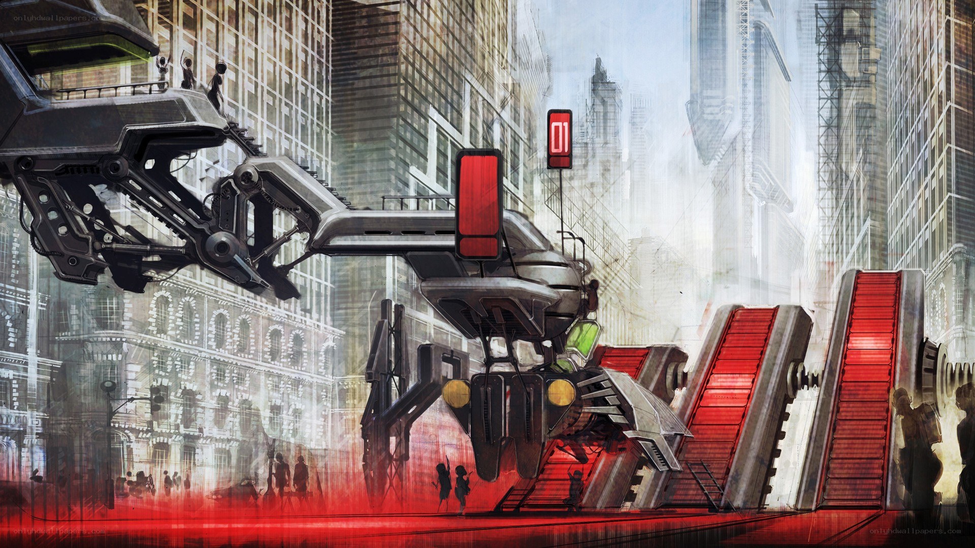 futuristic city with robotic crane
