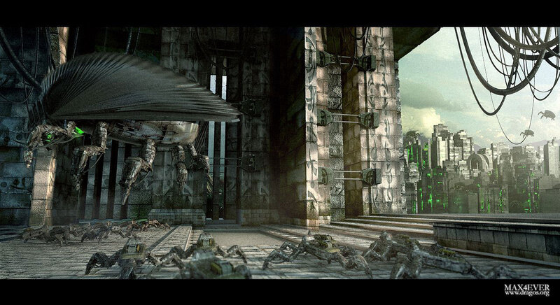 futuristic city with robotic creatures