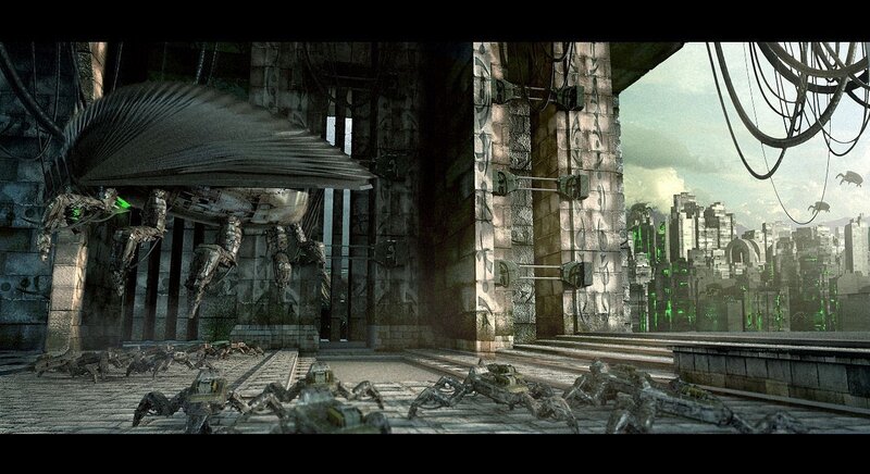 futuristic city with robotic creatures