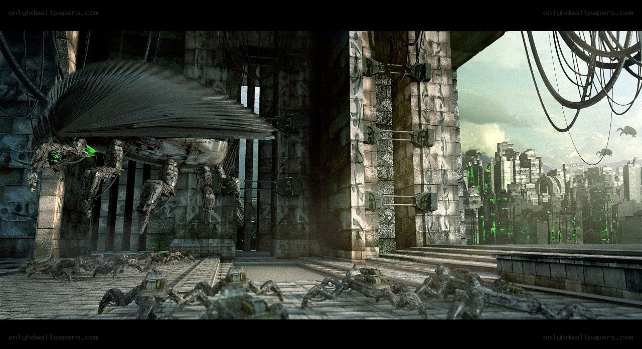 futuristic city with robotic creatures