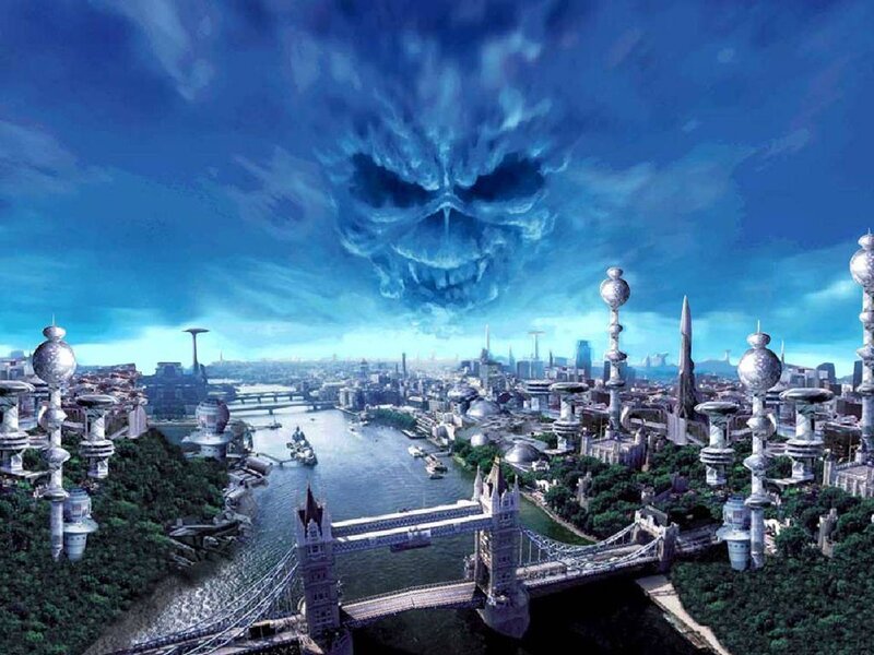 futuristic city with skull sky