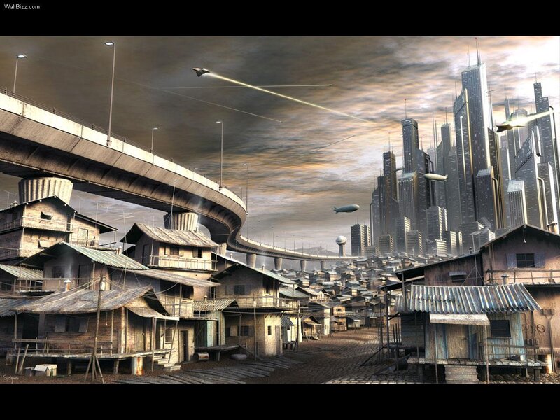 Futuristic city with slum and skyscrapers