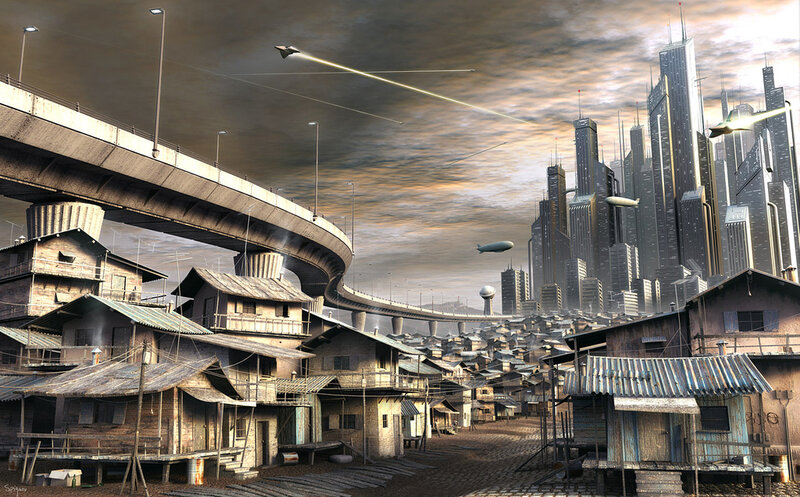 futuristic city with slums