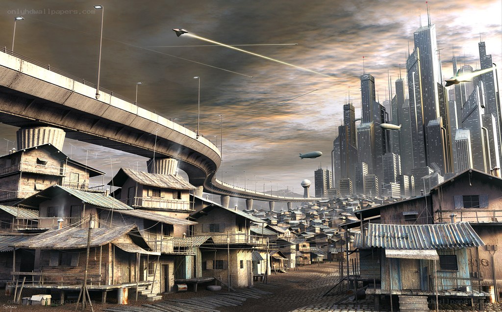 futuristic city with slums