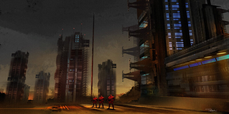 Futuristic city with soldiers