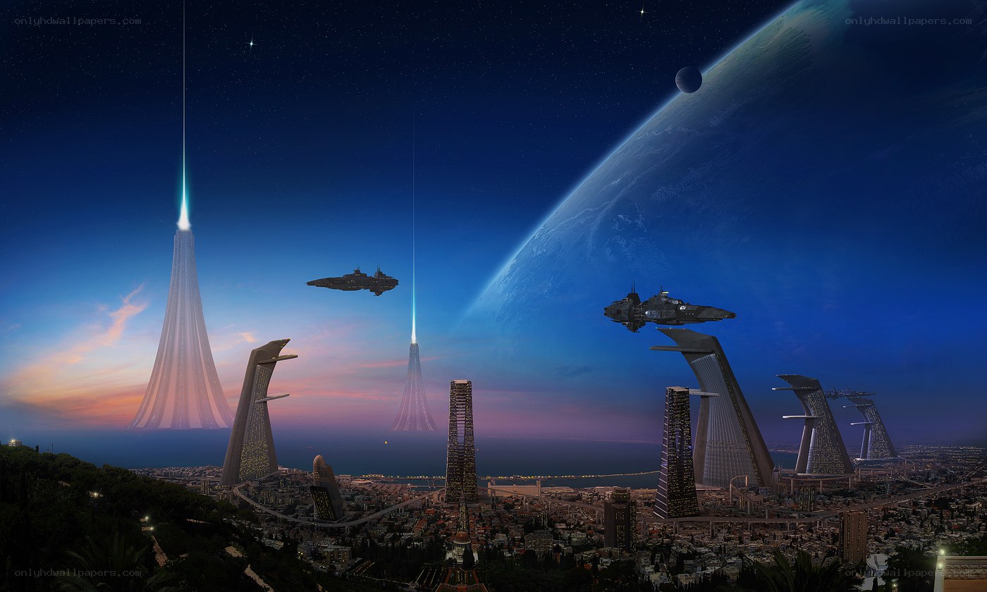 Futuristic city with space ships