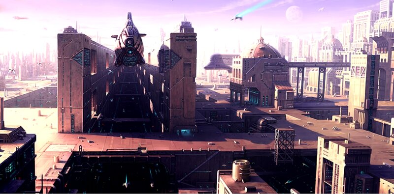 futuristic city with spaceship