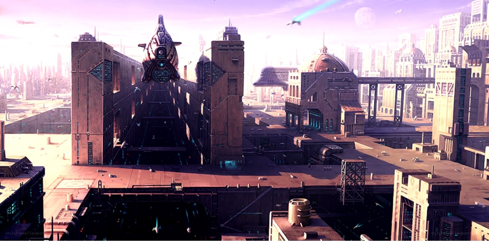 futuristic city with spaceship