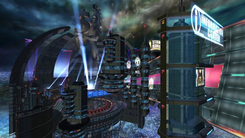 futuristic city with statue