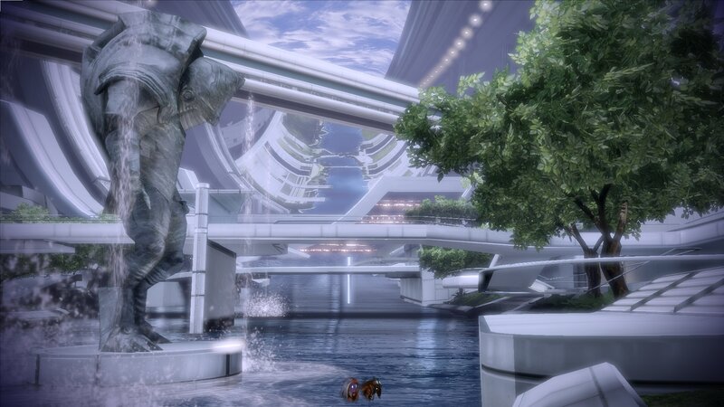 futuristic city with statue